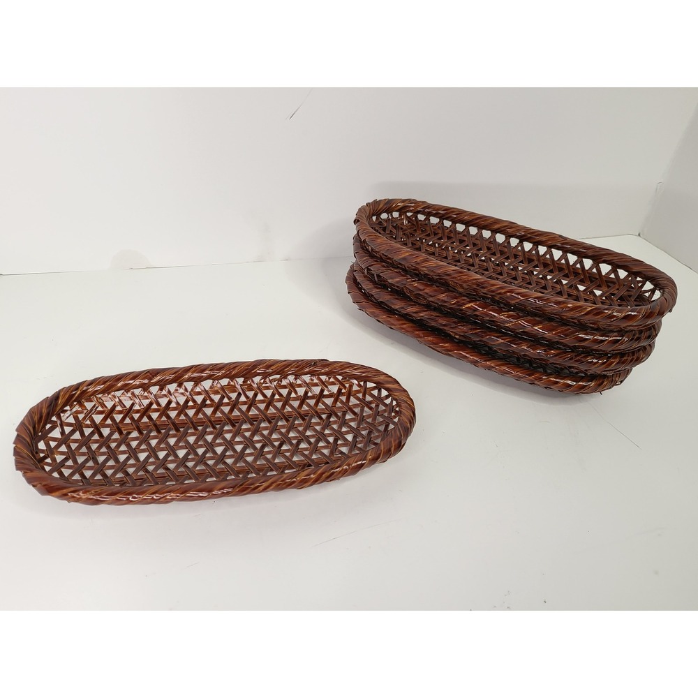 Vintage Woven Wicker Bread Baskets Set of 5 Dark Brown Oval Lattice Snack Trays